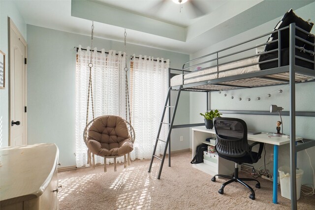 carpeted bedroom featuring a raised ceiling