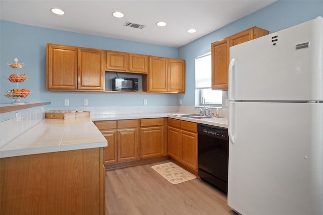 kitchen featuring sink, light wood-type flooring, and black appliances