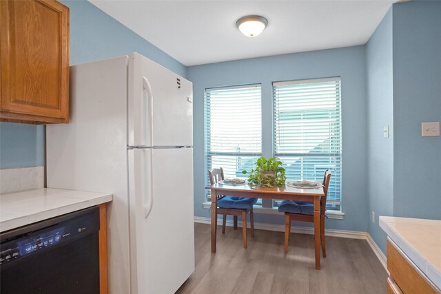 kitchen with light hardwood / wood-style floors, dishwasher, and white refrigerator