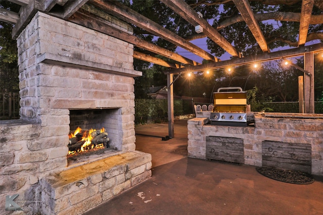 patio terrace at dusk with a fenced in pool