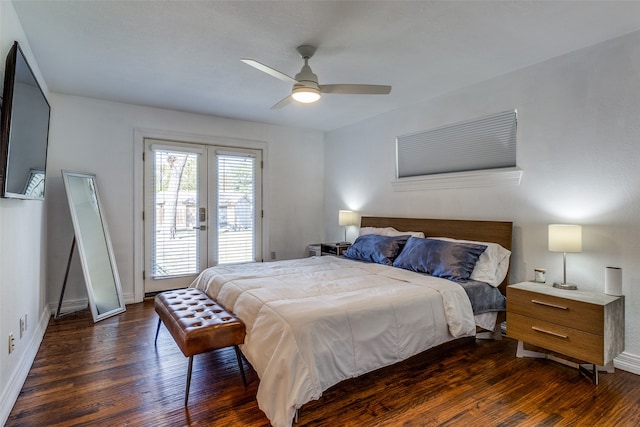 bedroom featuring dark hardwood / wood-style flooring, french doors, access to outside, and ceiling fan