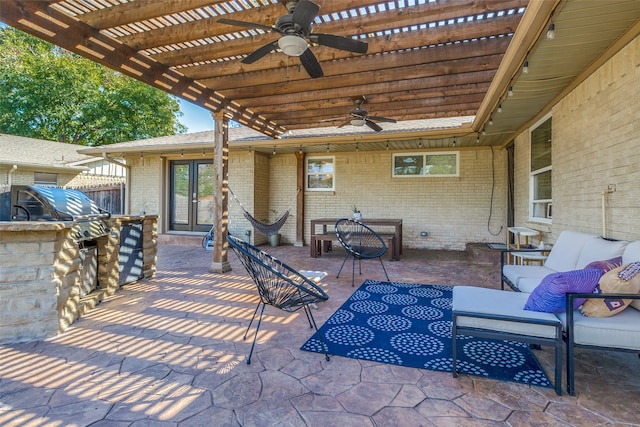 view of patio with an outdoor hangout area, a pergola, and ceiling fan