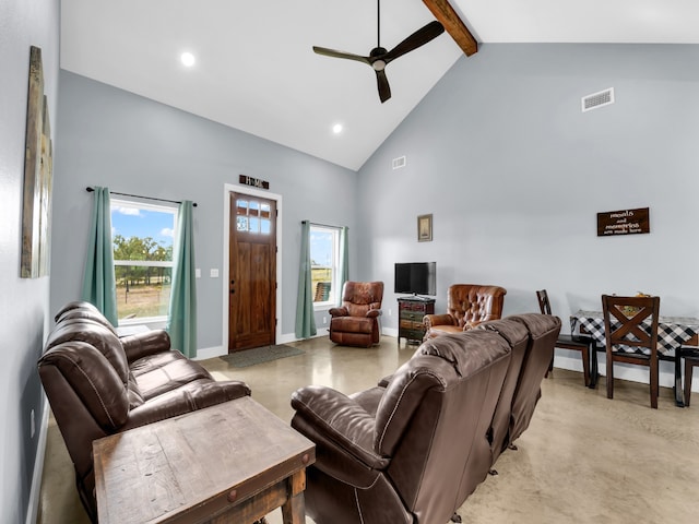 living area featuring high vaulted ceiling, visible vents, concrete flooring, and beam ceiling