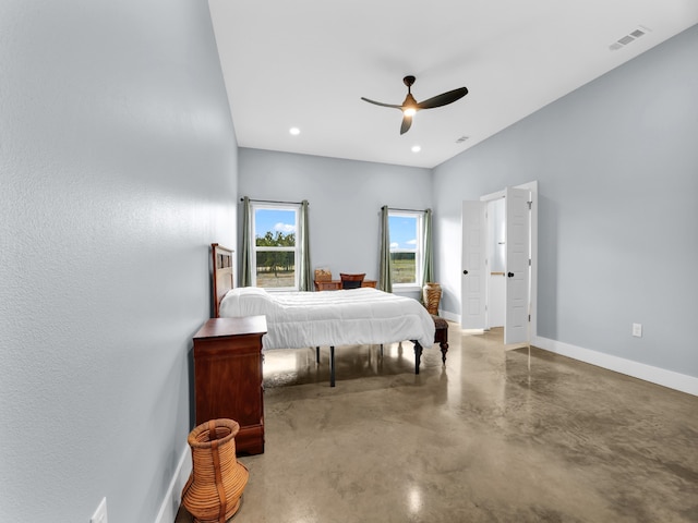 bedroom featuring baseboards, visible vents, ceiling fan, concrete flooring, and recessed lighting