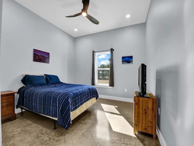 bedroom with ceiling fan, recessed lighting, and baseboards