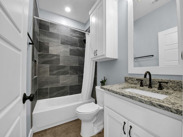 bathroom with toilet, recessed lighting, shower / tub combo, visible vents, and vanity