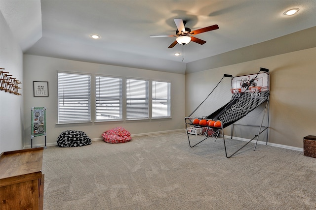 recreation room featuring carpet floors and ceiling fan