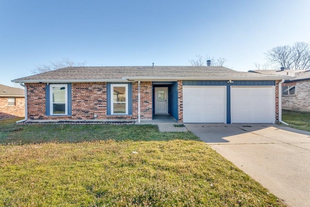 ranch-style home featuring a garage, brick siding, driveway, roof with shingles, and a front yard