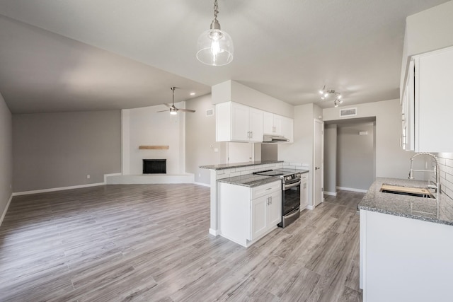 kitchen featuring light hardwood / wood-style flooring, white cabinets, sink, and stainless steel electric range oven