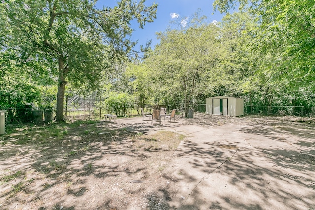 view of yard featuring a patio and a shed