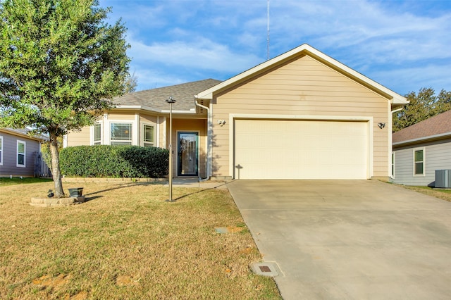 ranch-style home featuring central air condition unit, a front lawn, and a garage