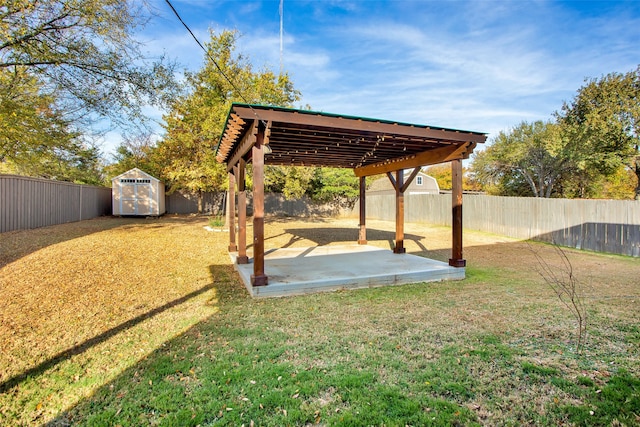 view of yard featuring a storage unit and a patio area