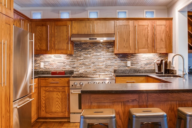 kitchen featuring decorative backsplash, appliances with stainless steel finishes, a kitchen breakfast bar, ornamental molding, and sink