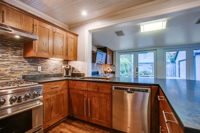 kitchen featuring dark hardwood / wood-style floors, stainless steel appliances, sink, ventilation hood, and tasteful backsplash