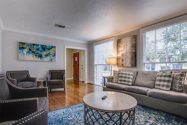 living room with hardwood / wood-style flooring, ornamental molding, a wealth of natural light, and a textured ceiling