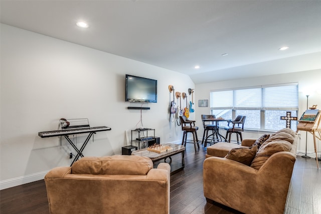 living area featuring vaulted ceiling, recessed lighting, dark wood-style floors, and baseboards