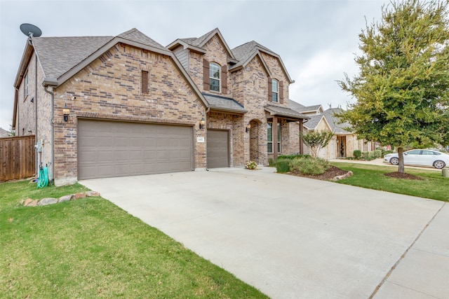 view of front of home featuring concrete driveway, fence, brick siding, and a front lawn