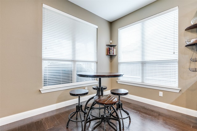 dining space featuring dark wood finished floors, plenty of natural light, and baseboards