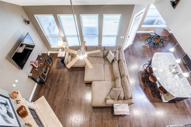 living area featuring baseboards, a healthy amount of sunlight, and hardwood / wood-style flooring