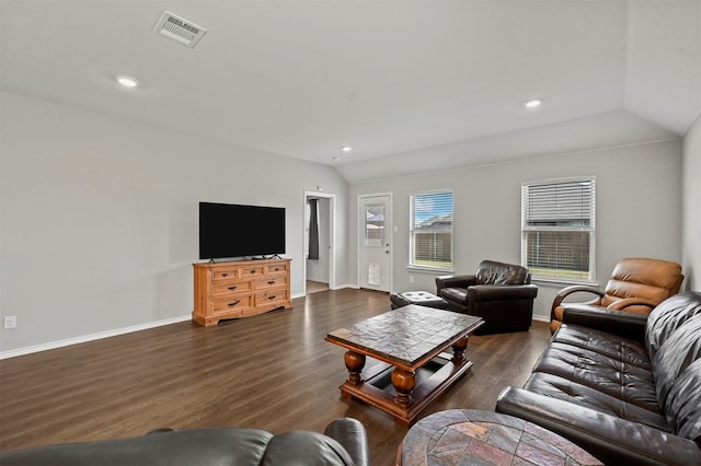 living room with lofted ceiling and dark wood-type flooring