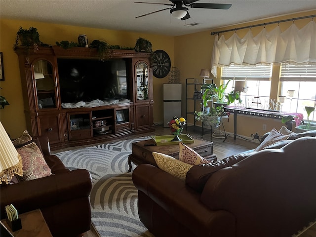 living room featuring wood-type flooring and ceiling fan