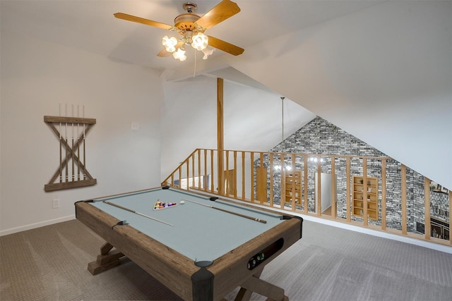 recreation room featuring pool table, vaulted ceiling, ceiling fan, and carpet flooring