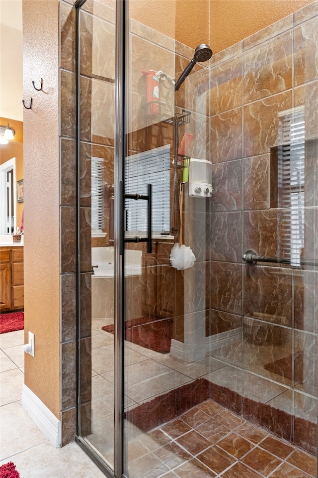 full bathroom with vanity, toilet, shower / tub combo, and tile patterned flooring