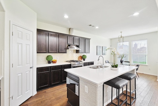 kitchen featuring sink, a kitchen island with sink, wood-type flooring, and high end stainless steel range oven