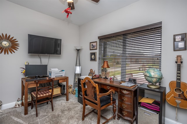 office with carpet flooring and ceiling fan