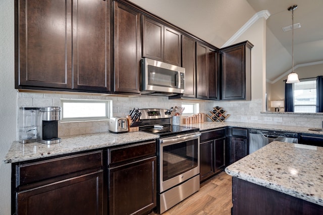 kitchen with decorative light fixtures, dark brown cabinets, stainless steel appliances, and lofted ceiling