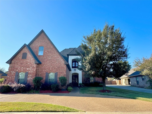 view of front facade with a front yard and a garage