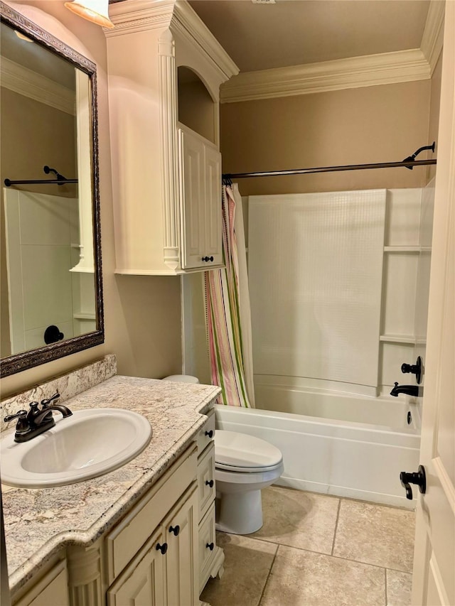 bathroom featuring ornamental molding, shower / bath combination with curtain, vanity, and toilet