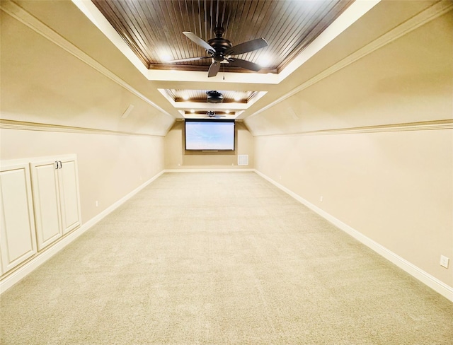 bonus room featuring carpet floors, wood ceiling, baseboards, and a ceiling fan