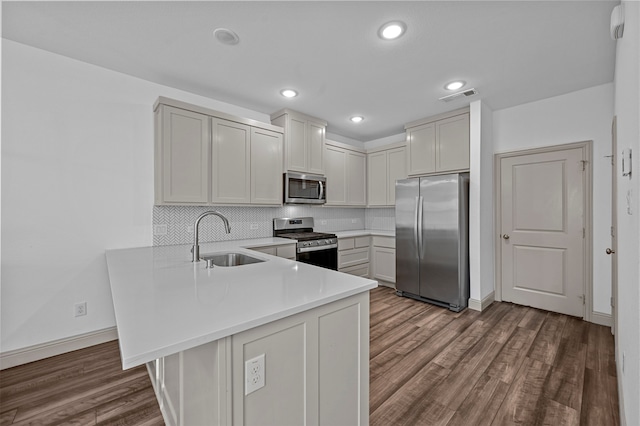 kitchen with stainless steel appliances, sink, kitchen peninsula, and dark hardwood / wood-style flooring