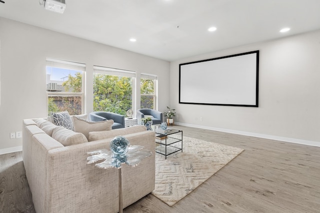 home theater with wood-type flooring