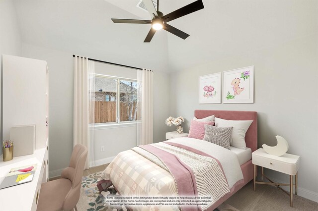 bedroom featuring vaulted ceiling, carpet, and ceiling fan