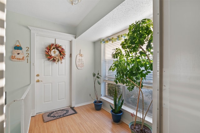 foyer entrance featuring hardwood / wood-style floors and a textured ceiling