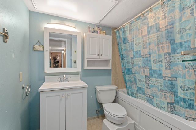 full bathroom with vanity, toilet, and shower / bath combo with shower curtain