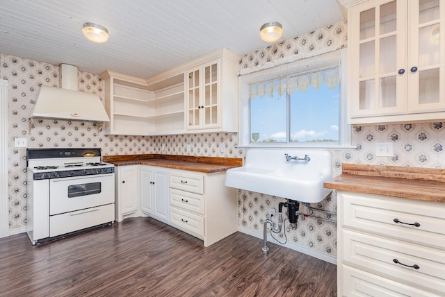 kitchen with white range oven, wooden ceiling, dark hardwood / wood-style flooring, and wooden counters