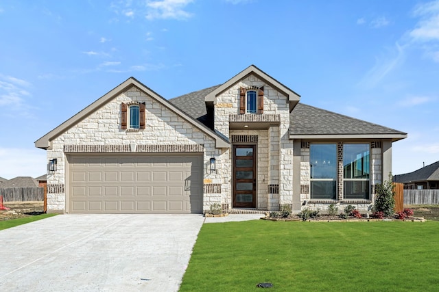 view of front of home with a front yard and a garage