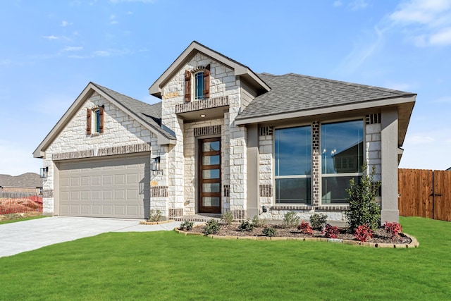 view of front of house with a garage and a front lawn