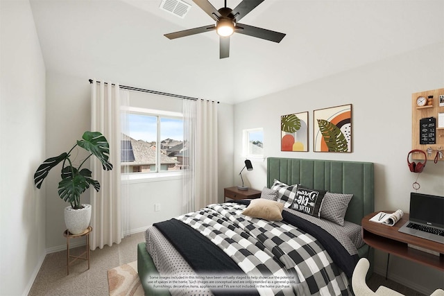 bedroom featuring ceiling fan and light colored carpet