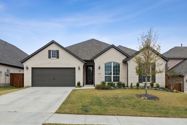 french provincial home with a front yard and a garage