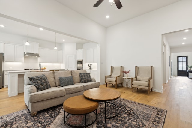 living room with light hardwood / wood-style floors and ceiling fan