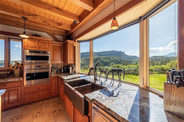 kitchen with appliances with stainless steel finishes, wood ceiling, a mountain view, and hanging light fixtures