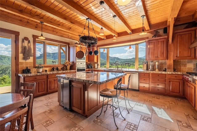 kitchen with a kitchen island, a mountain view, stainless steel appliances, decorative light fixtures, and plenty of natural light