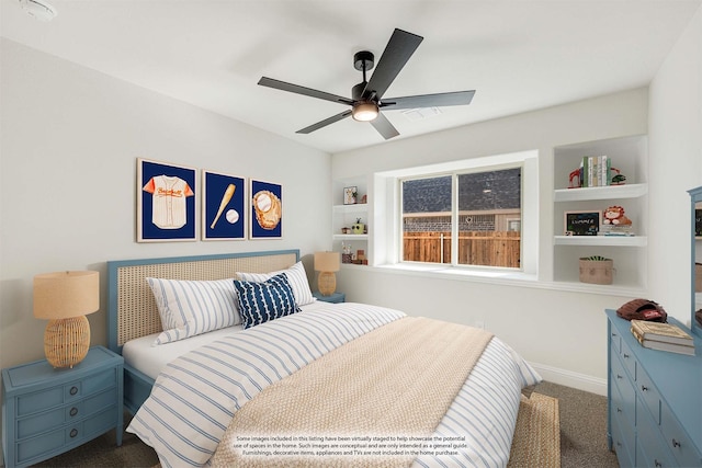carpeted bedroom featuring ceiling fan