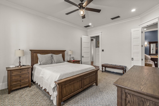 carpeted bedroom with crown molding and ceiling fan