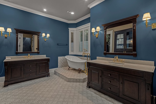 bathroom featuring vanity, a tub, and ornamental molding