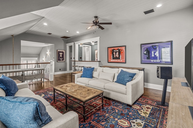 living room featuring lofted ceiling, dark wood-type flooring, wooden ceiling, and ceiling fan